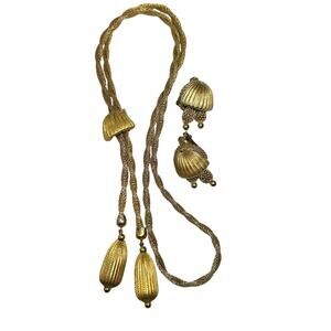 Hobe Gold Brushed Metal and Mesh Necklace Earrings Demi Parure RARE 1950-1960s